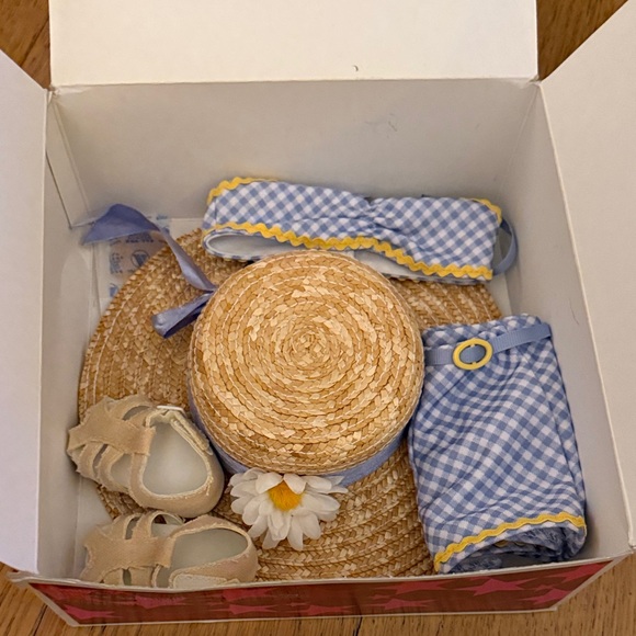 RetiredAmerican Girl Emily’s 2-piece Swimsuit Blue Gingham Outfit with Straw Hat - Picture 9 of 9